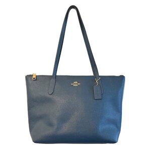 Coach Crossgrain Leather Zip Top Tote Shoulder Bag Blue Gold Hardware Large